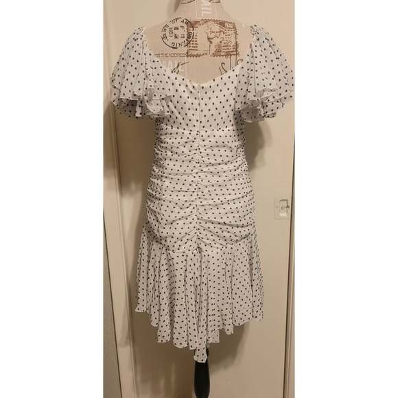 Bardot Women White Black Polka Dot Ruched Ruffle Mini Dress Size 8 M US 12 UK - Picture 6 of 11